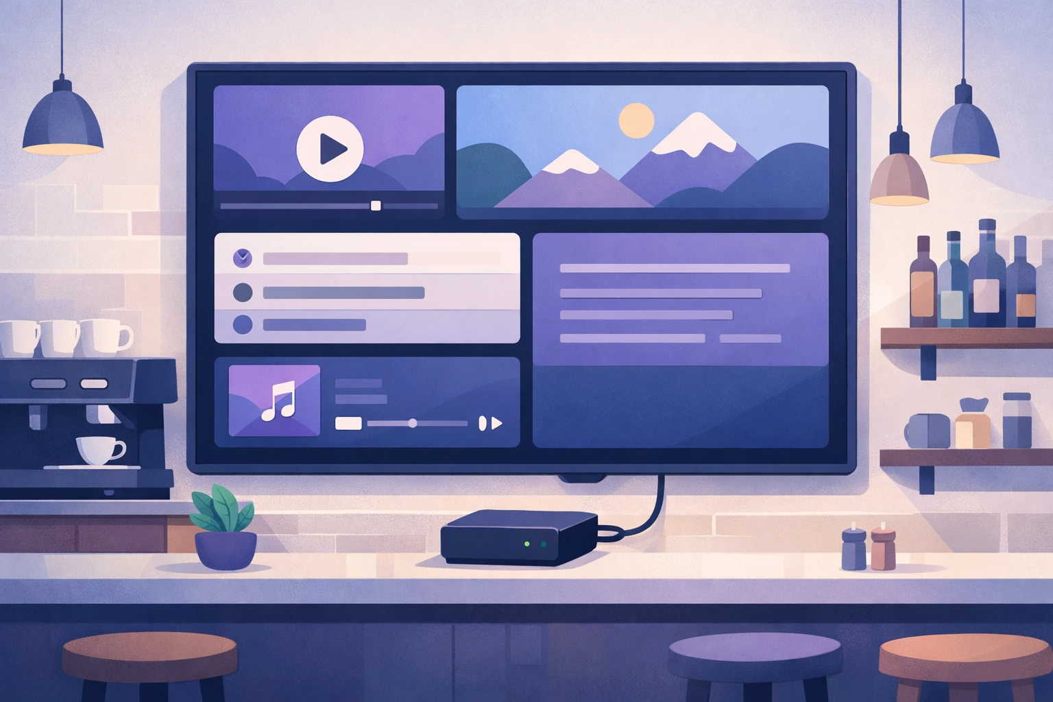 ТВ-панельдерге арналған экран конструкторы және бизнеске арналған фондық музыка