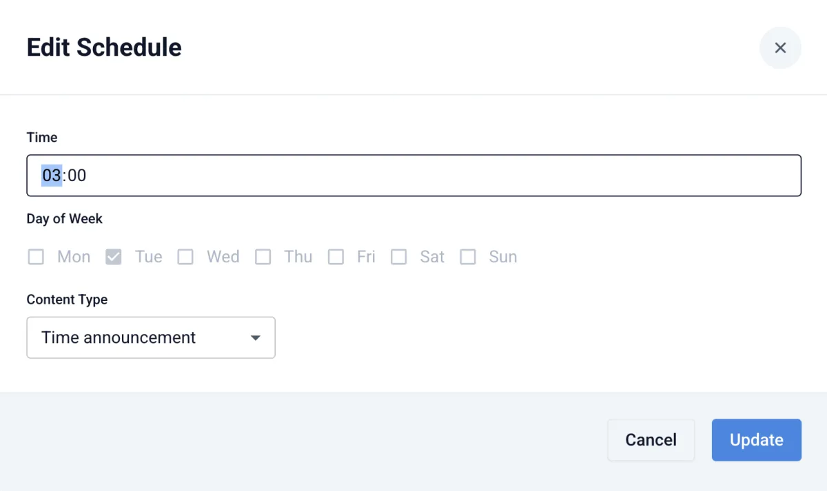 Edit Schedule dialog: time, days of the week and the Time announcement content type