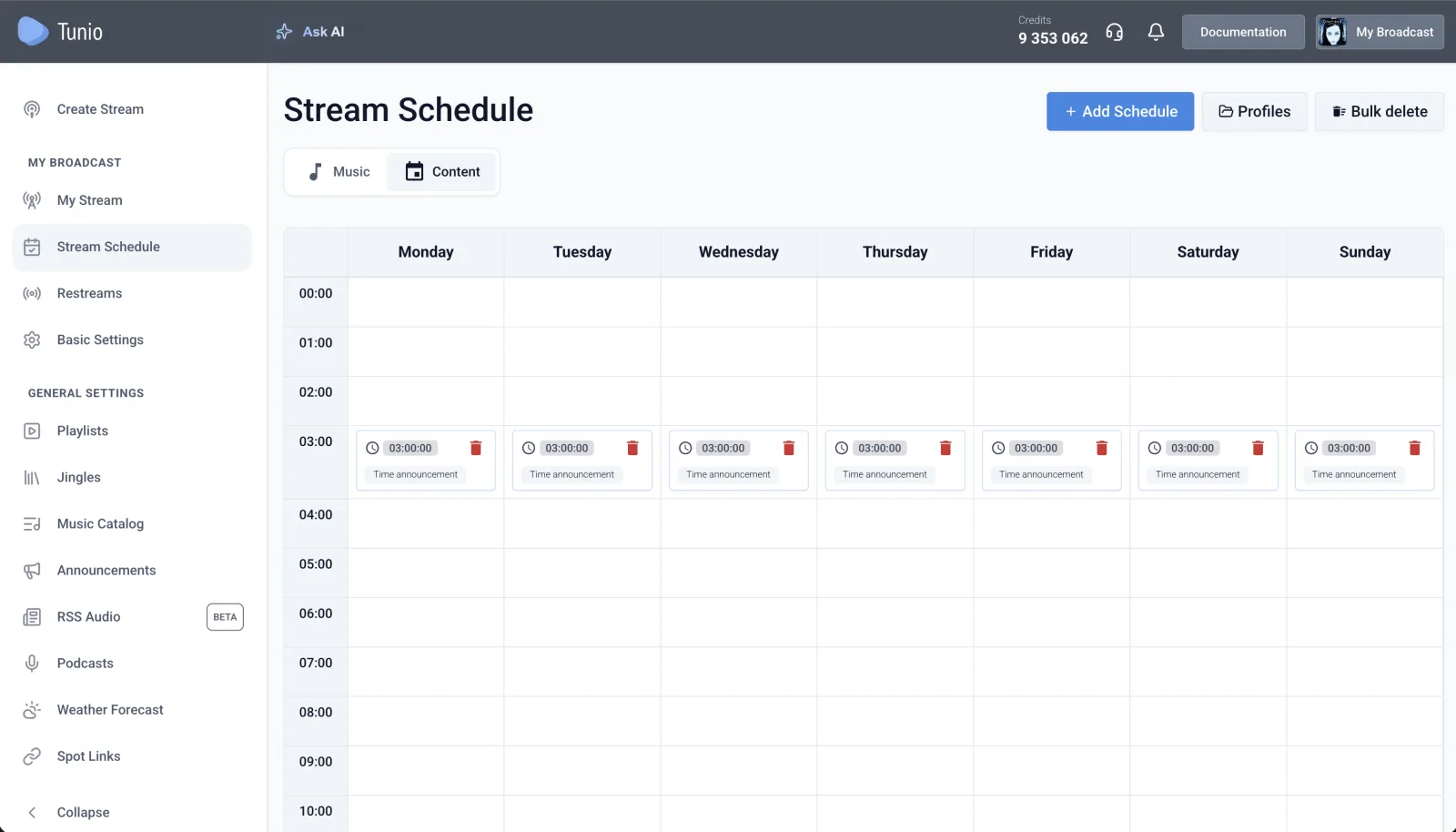 Weekly Stream Schedule grid in Tunio with Time announcement entries at 03:00 on every day of the week