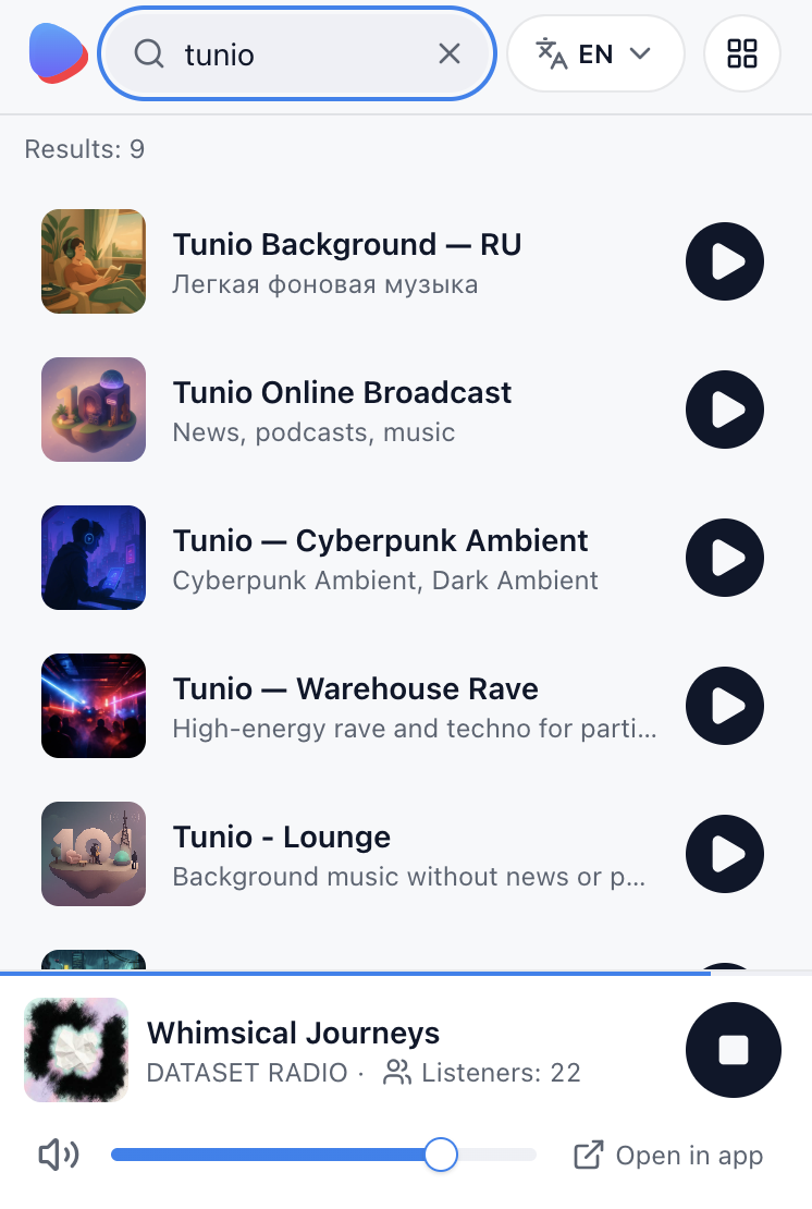 Searching stations in the Tunio Radio popup