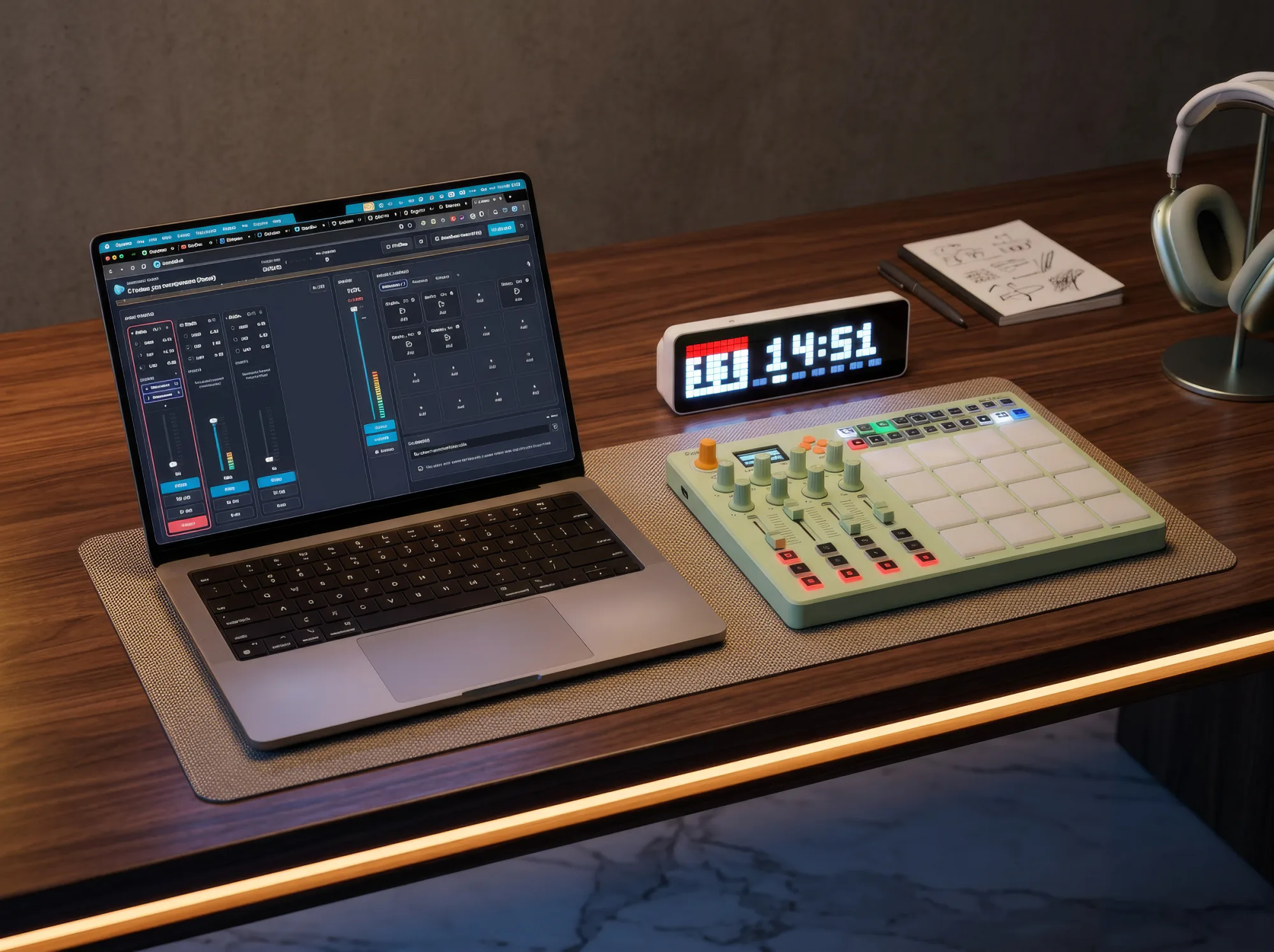 网络电台工作台:运行 Tunio 直播工作室的笔记本、一台 MIDI 控制器和耳机